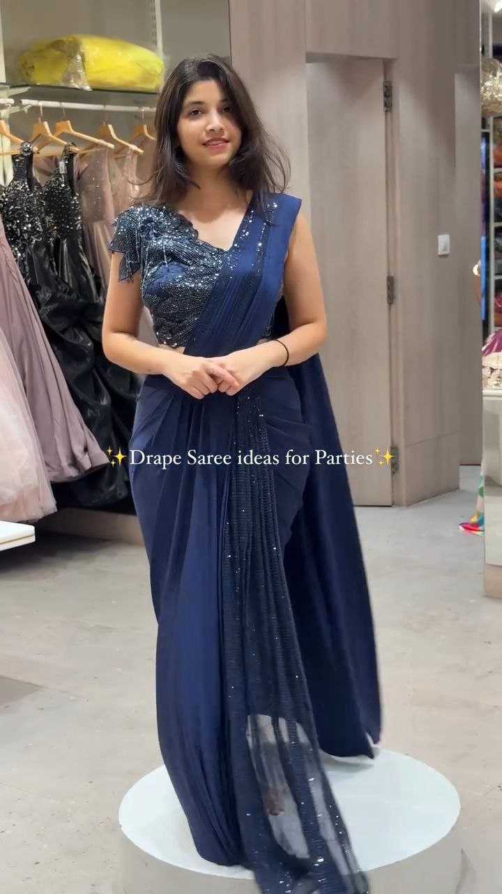 Midnight Blue Sequin Drape Saree