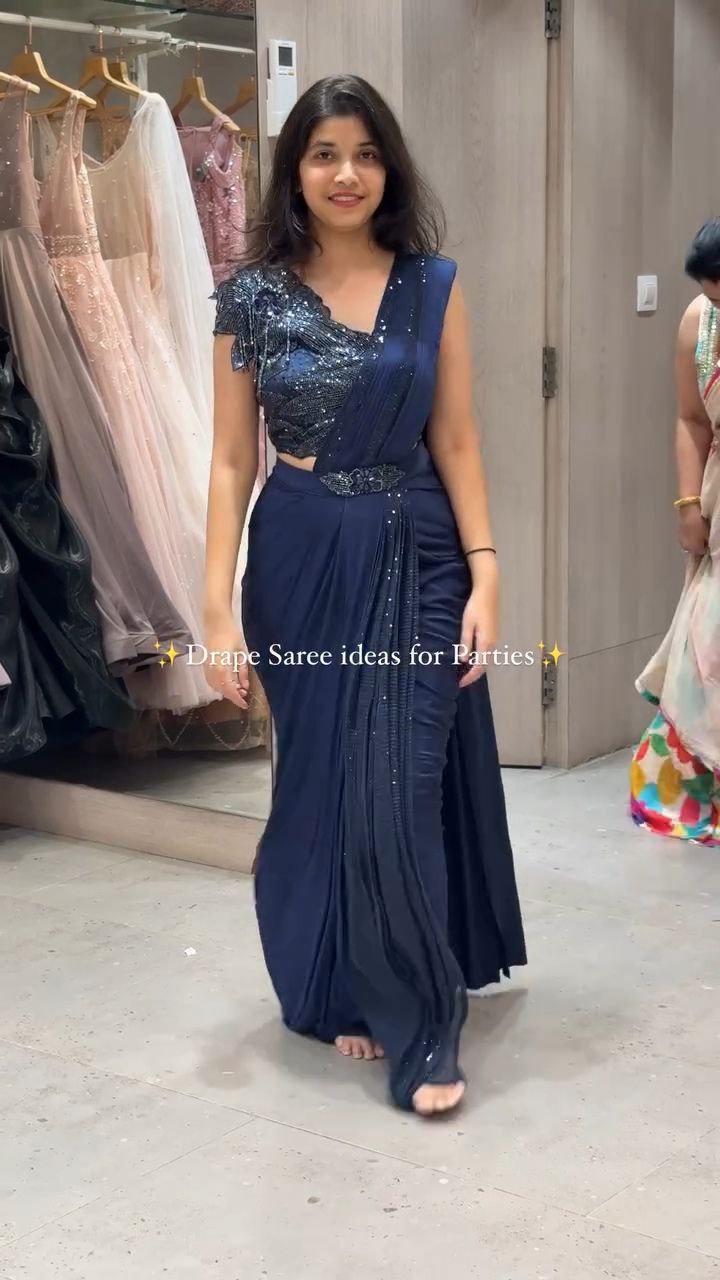 Midnight Blue Sequin Drape Saree
