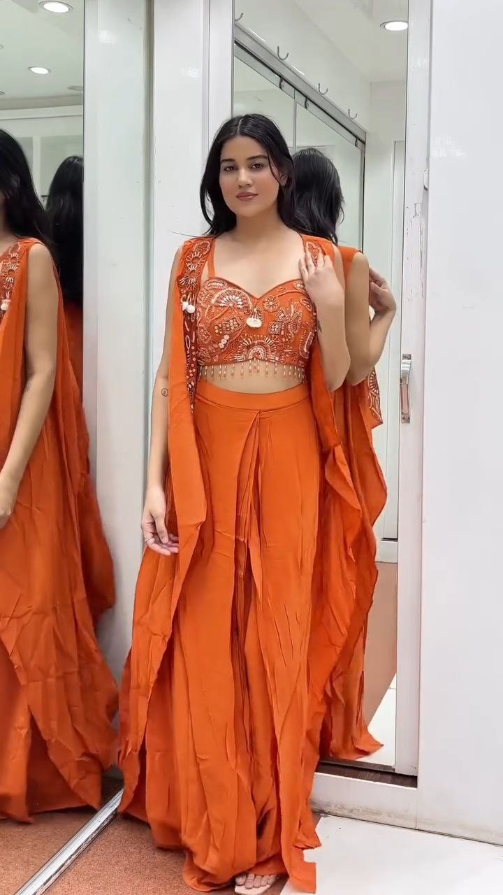 Burnt Orange Embroidered Crop Top with Draped Palazzo Set