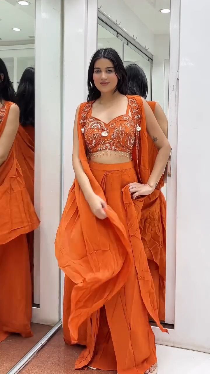 Burnt Orange Embroidered Crop Top with Draped Palazzo Set