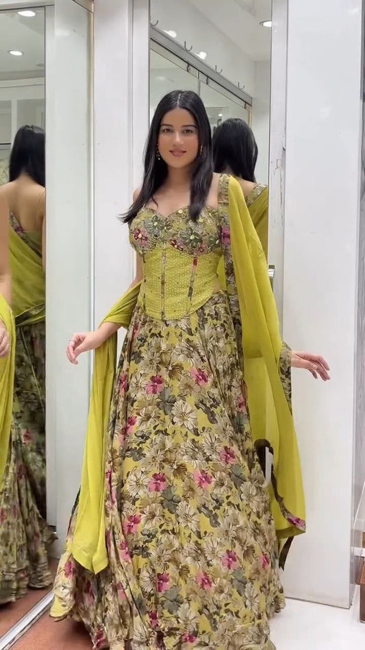 Olive Green Floral Embroidered Lehenga Set