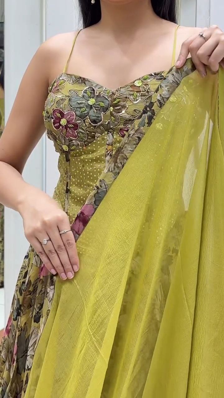 Olive Green Floral Embroidered Lehenga Set
