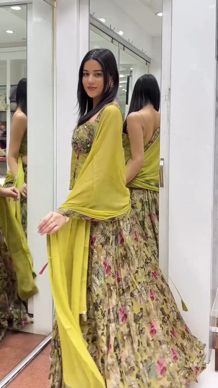 Olive Green Floral Embroidered Lehenga Set