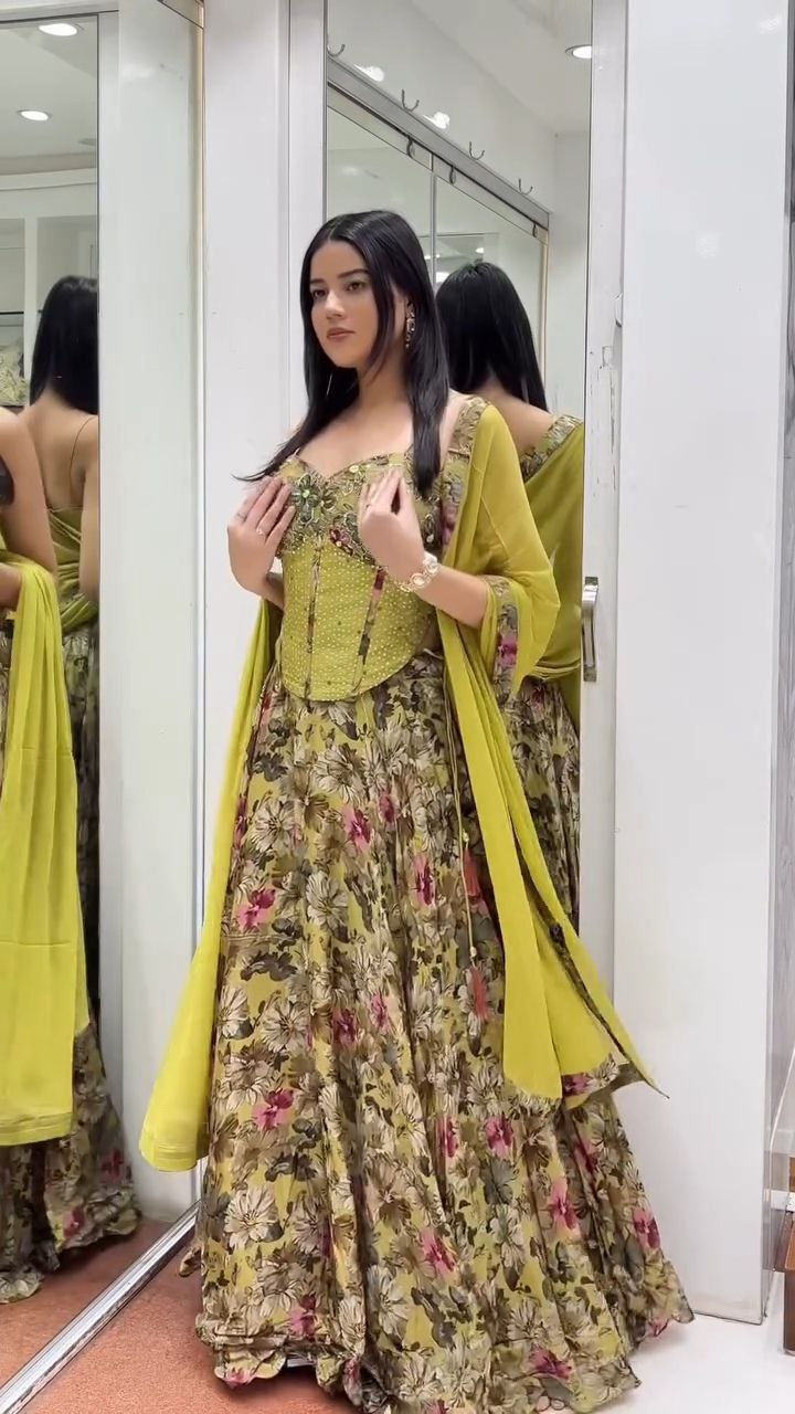 Olive Green Floral Embroidered Lehenga Set
