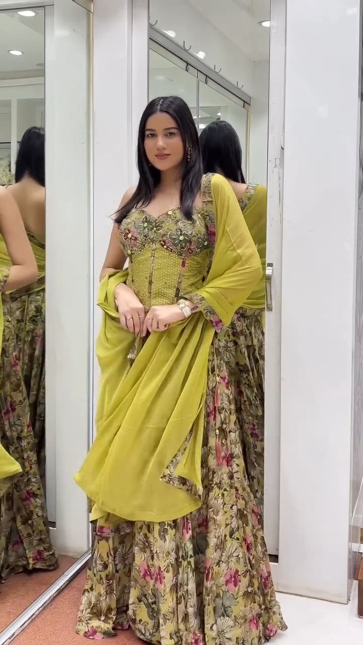 Olive Green Floral Embroidered Lehenga Set