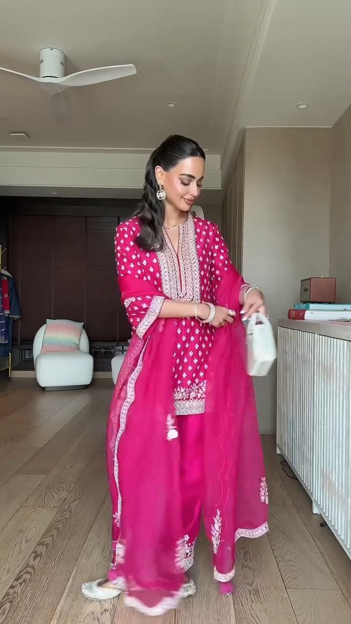 Rani Pink Embroidered Kurta Sharara Set