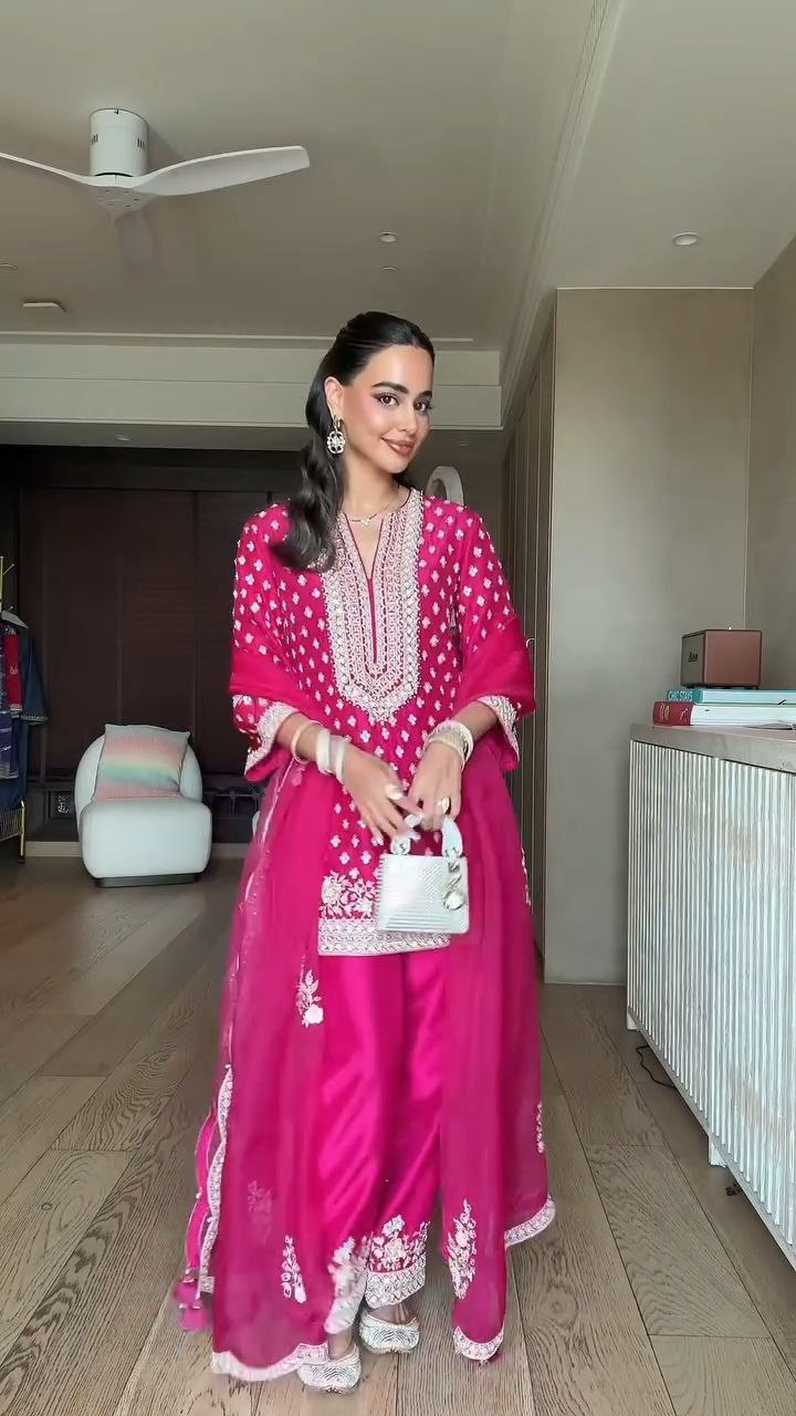 Rani Pink Embroidered Kurta Sharara Set
