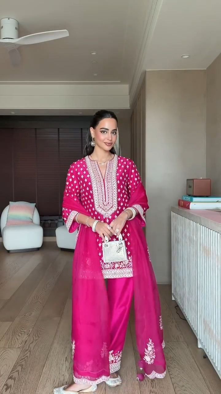Rani Pink Embroidered Kurta Sharara Set