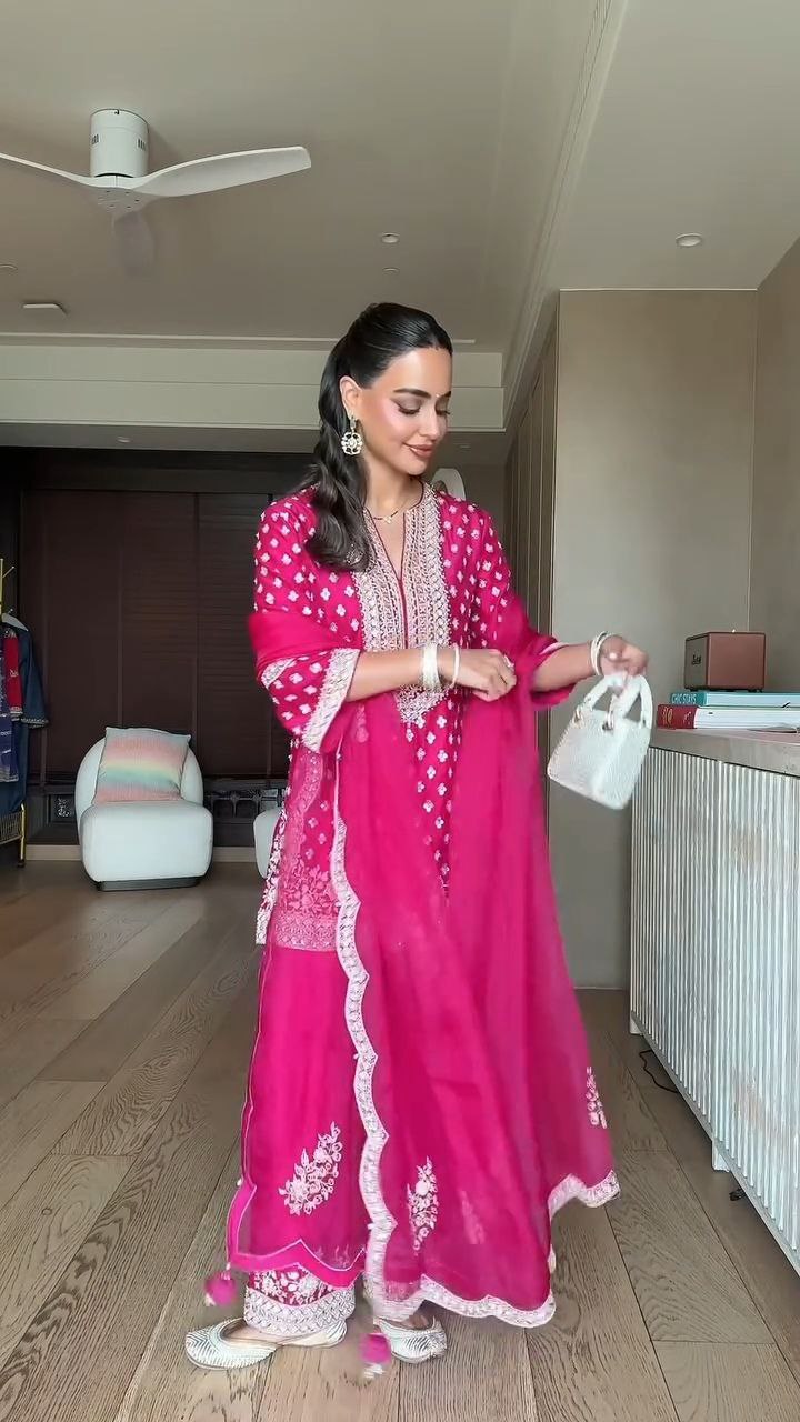 Rani Pink Embroidered Kurta Sharara Set