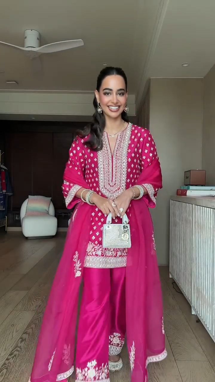Rani Pink Embroidered Kurta Sharara Set