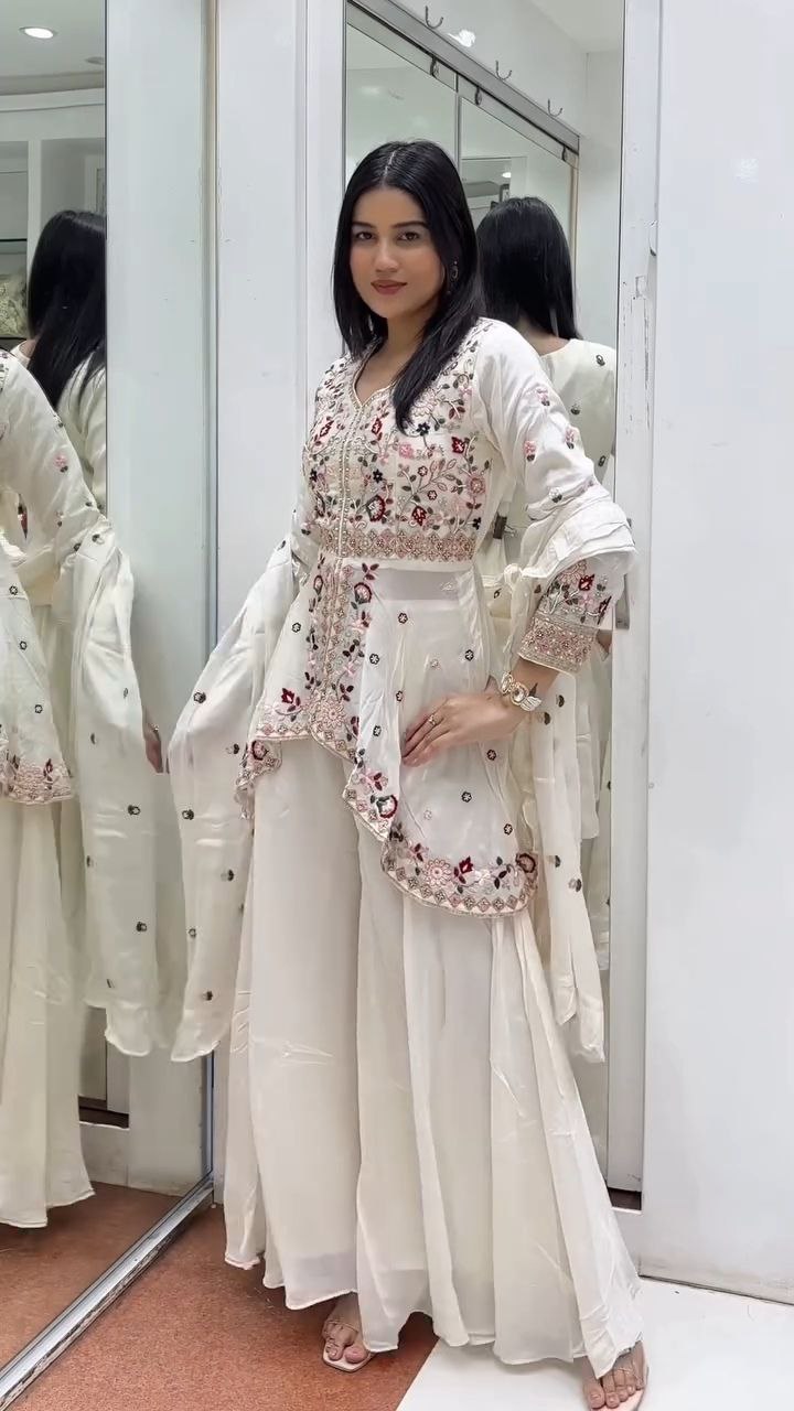 Ivory White Embroidered Sharara Set