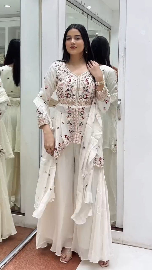 Ivory White Embroidered Sharara Set