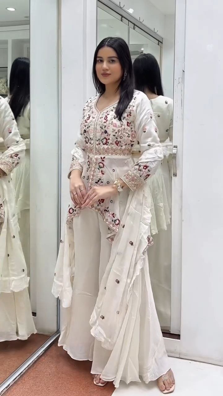 Ivory White Embroidered Sharara Set