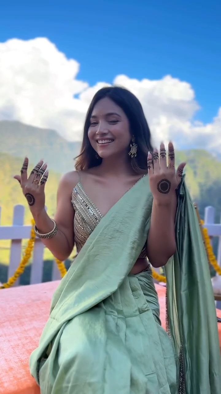 Sage Green Satin Embellished Saree