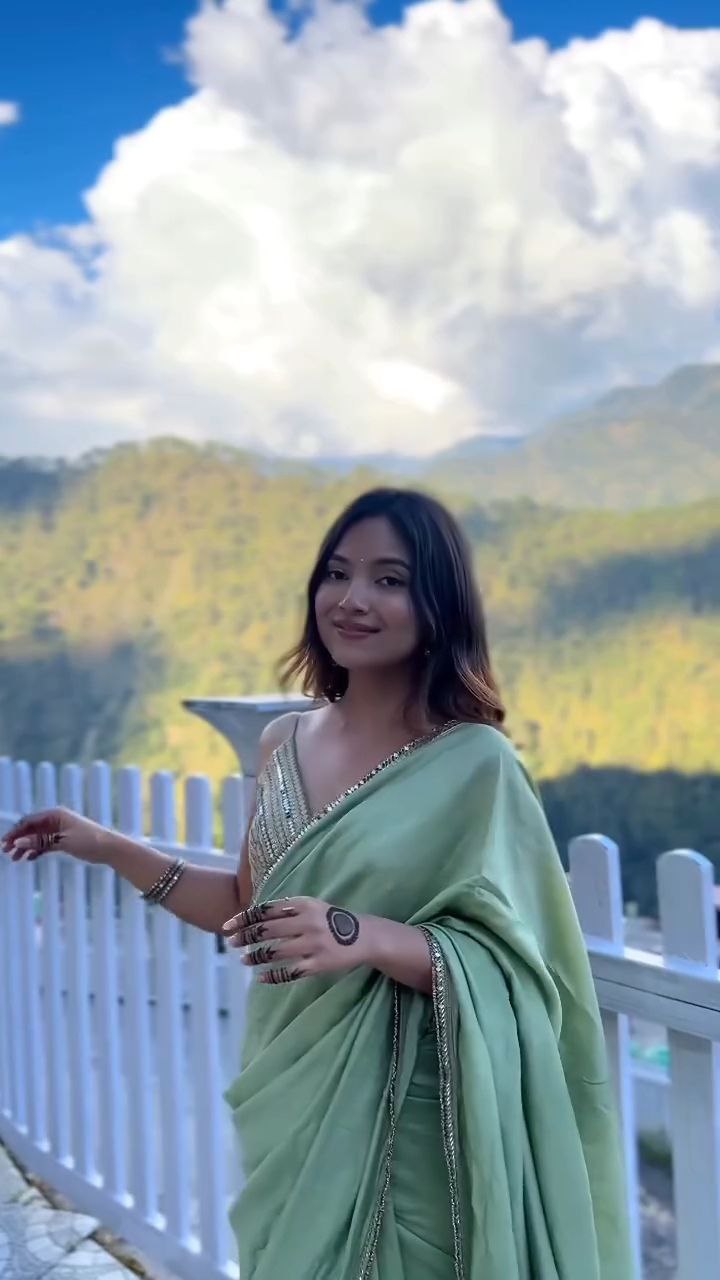Sage Green Satin Embellished Saree