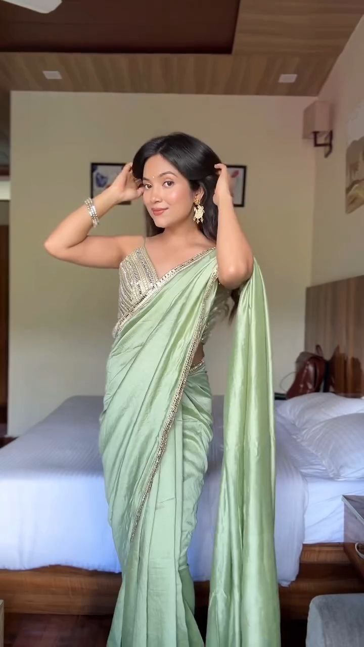 Sage Green Satin Embellished Saree