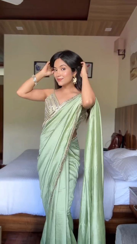 Sage Green Satin Embellished Saree