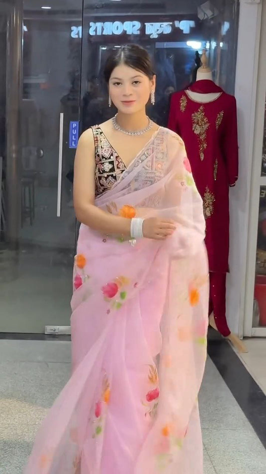 Baby Pink Floral Organza Saree