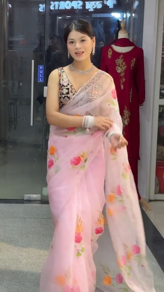 Baby Pink Floral Organza Saree