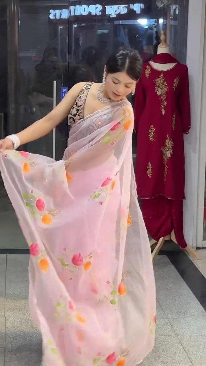 Baby Pink Floral Organza Saree