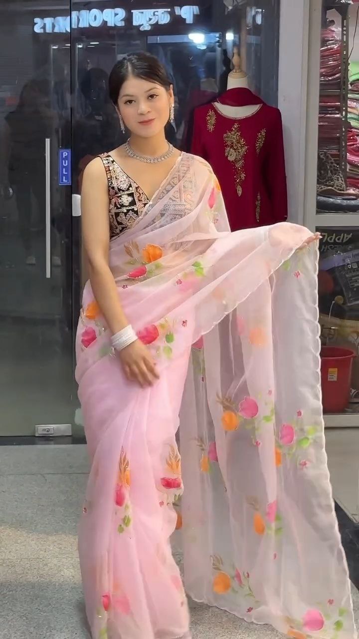 Baby Pink Floral Organza Saree