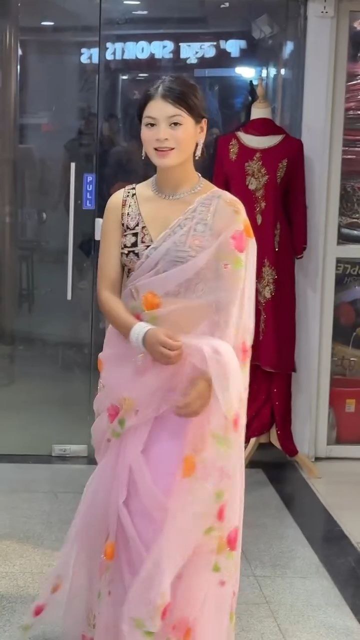 Baby Pink Floral Organza Saree