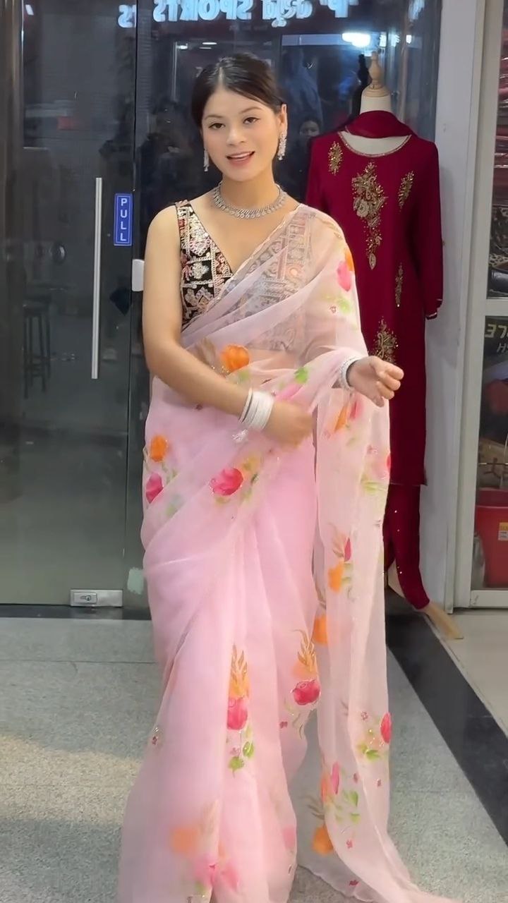 Baby Pink Floral Organza Saree