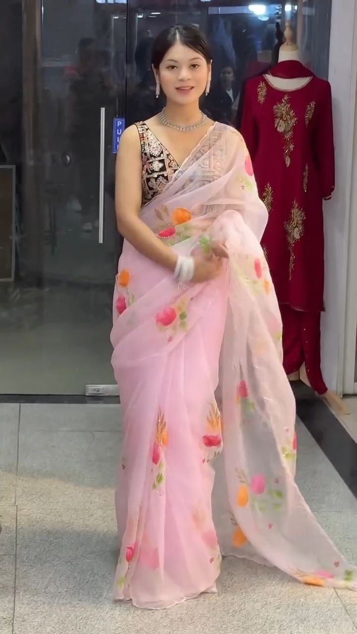 Baby Pink Floral Organza Saree