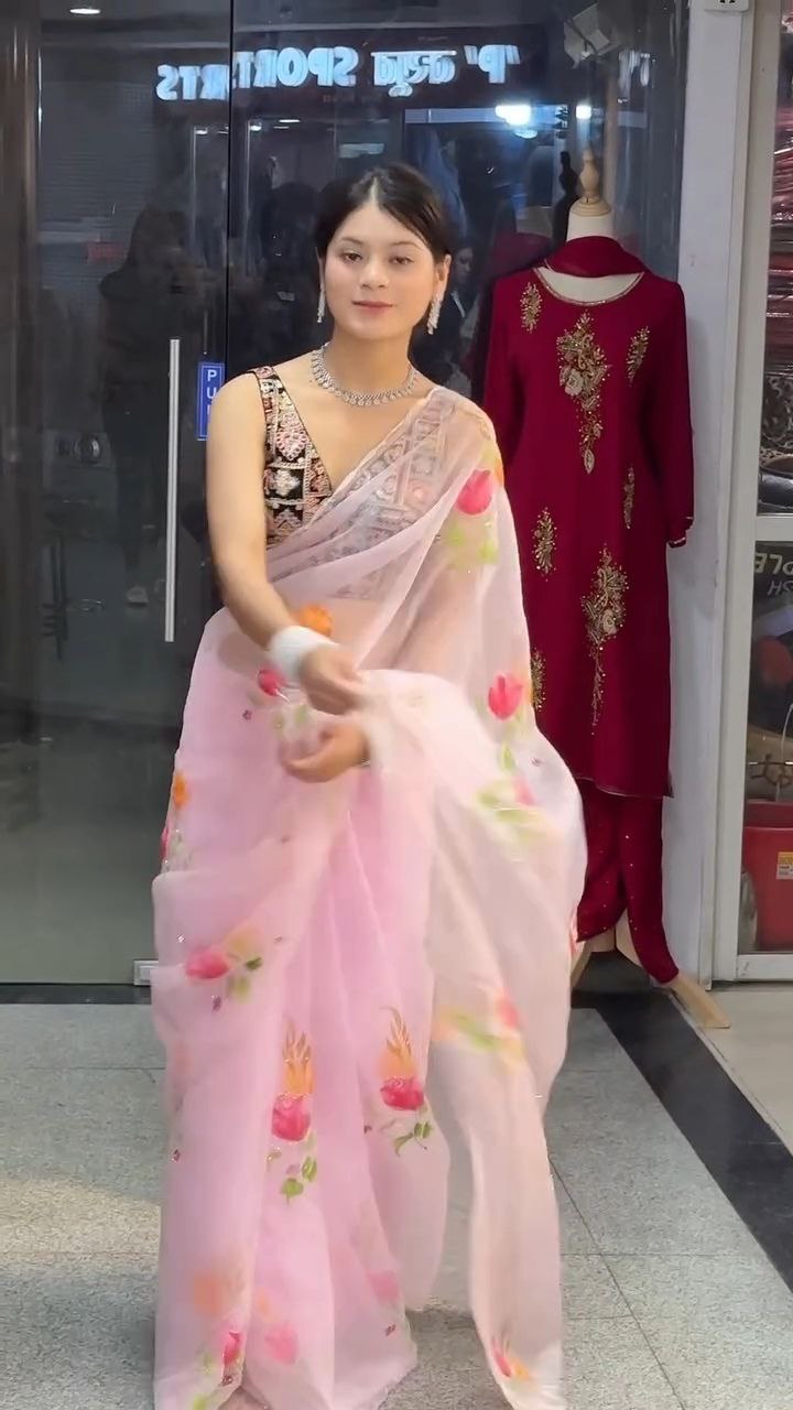 Baby Pink Floral Organza Saree