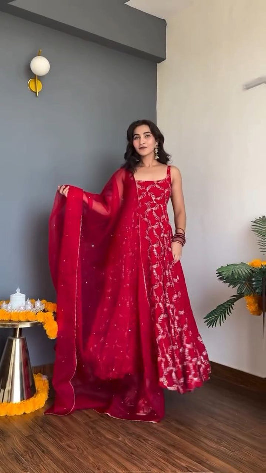 Crimson Red Embroidered Anarkali Set