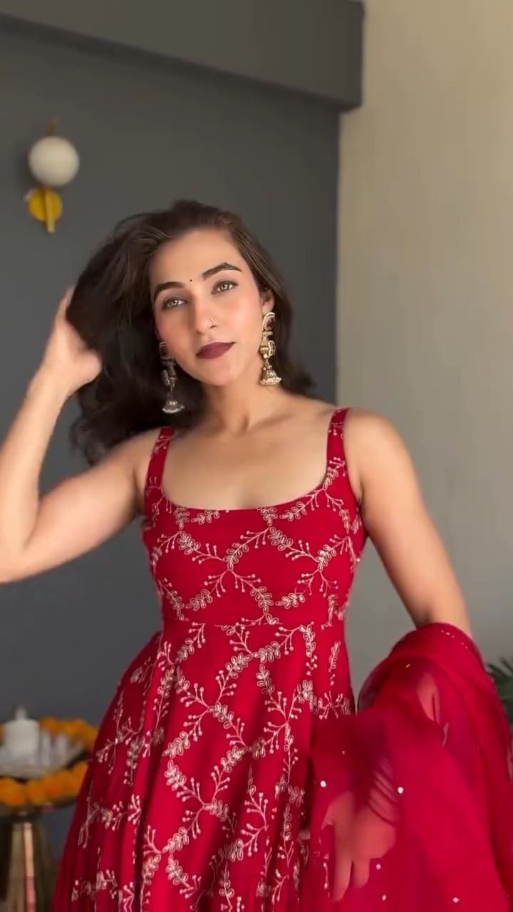 Crimson Red Embroidered Anarkali Set