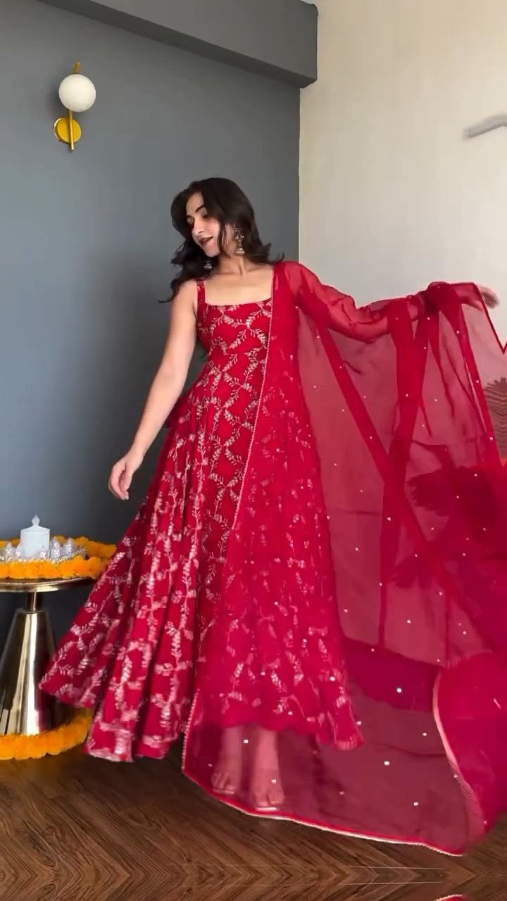 Crimson Red Embroidered Anarkali Set