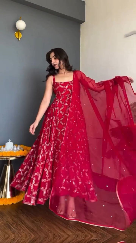 Crimson Red Embroidered Anarkali Set