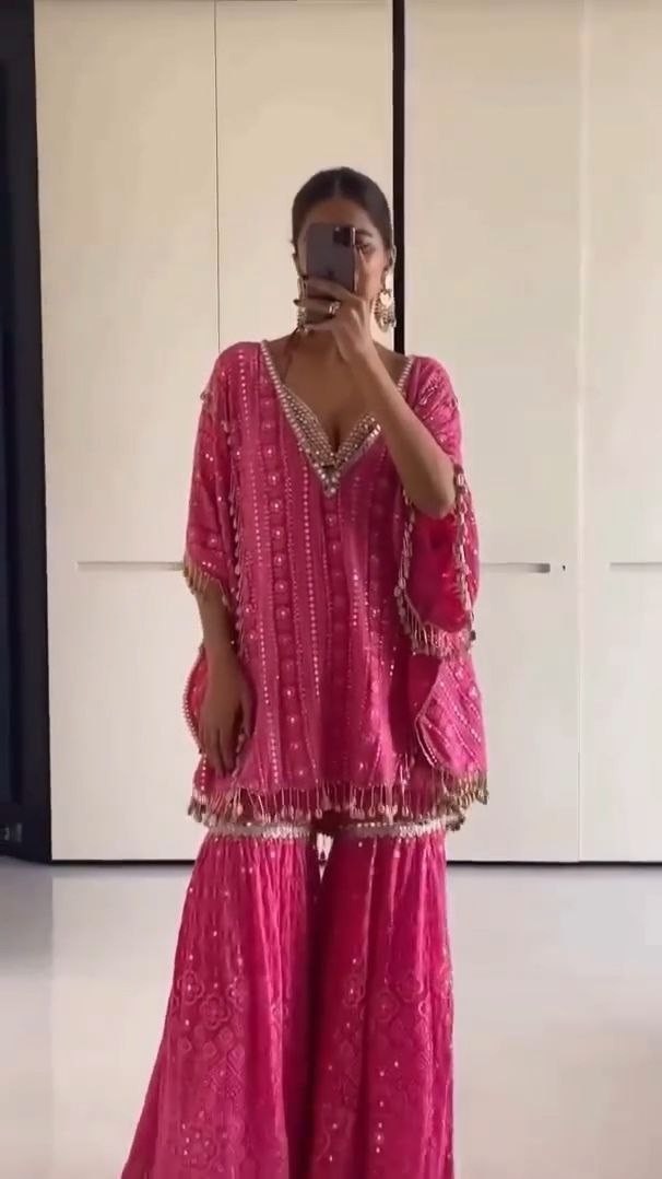 Hot Pink Mirror Work Sharara Set