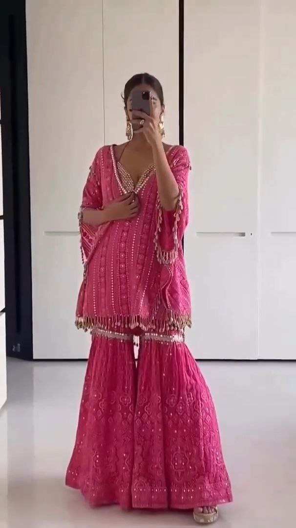 Hot Pink Mirror Work Sharara Set