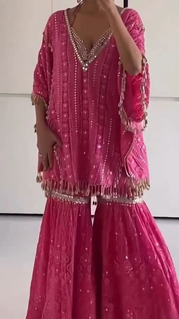 Hot Pink Mirror Work Sharara Set