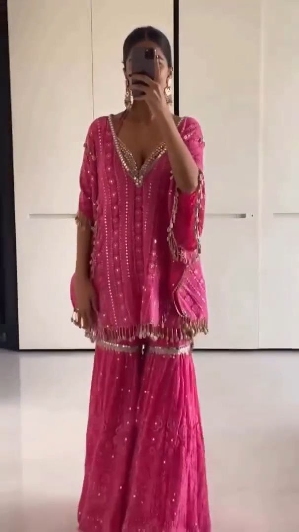 Hot Pink Mirror Work Sharara Set