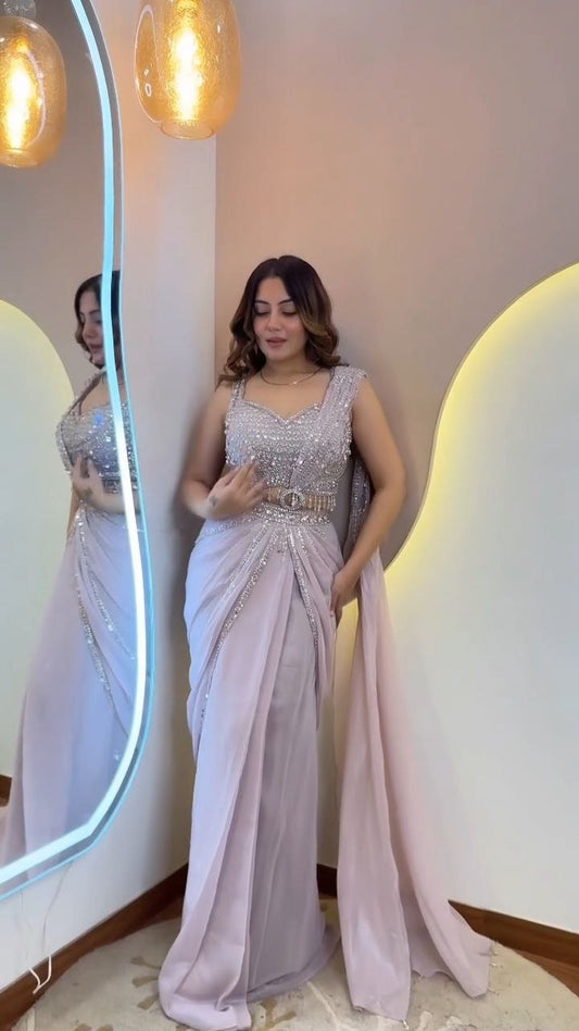 Lavender Silver Embellished Drape Saree