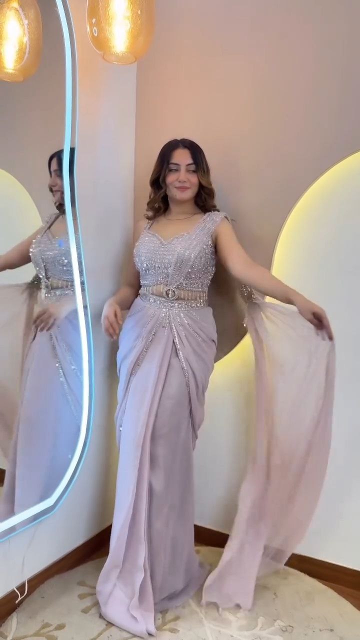 Lavender Silver Embellished Drape Saree