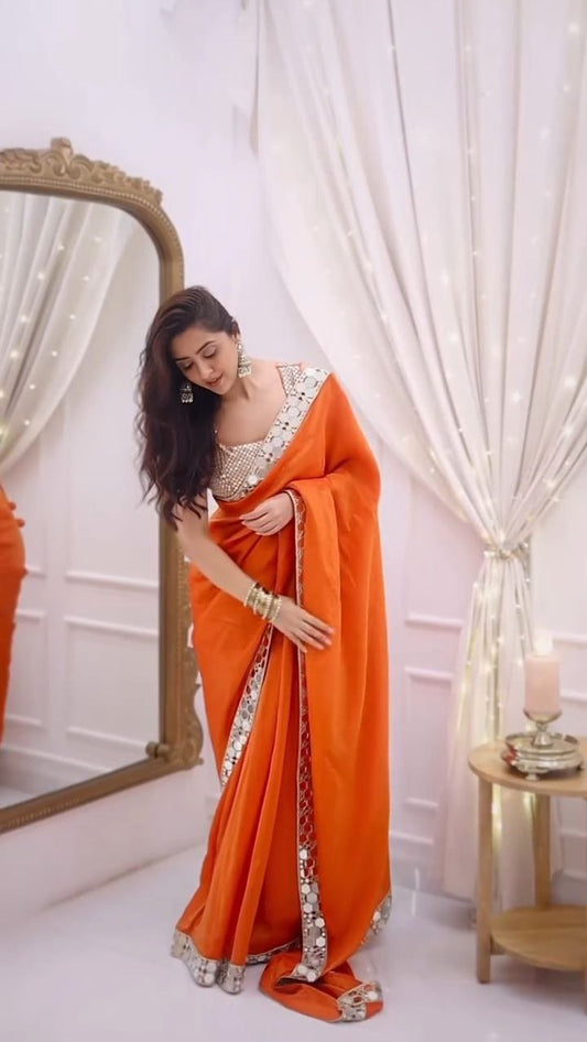 Bright Orange Mirror Work Silk Saree