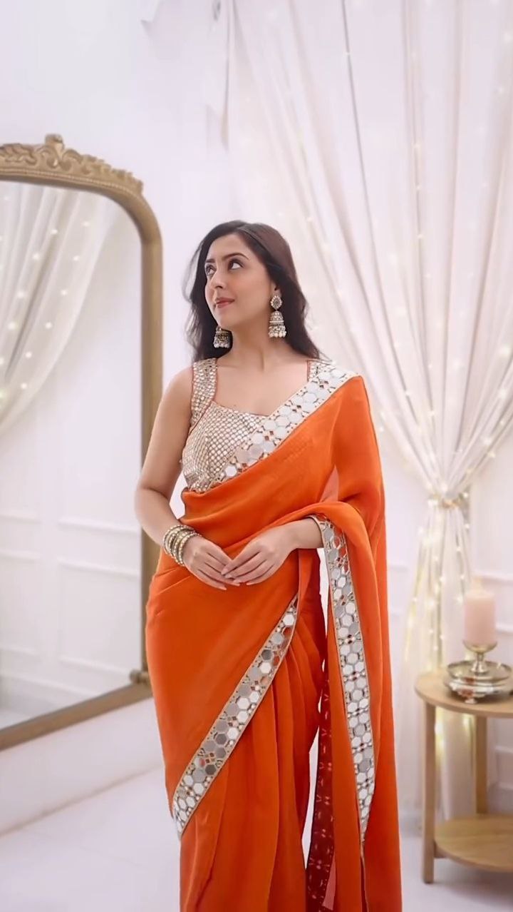 Bright Orange Mirror Work Silk Saree