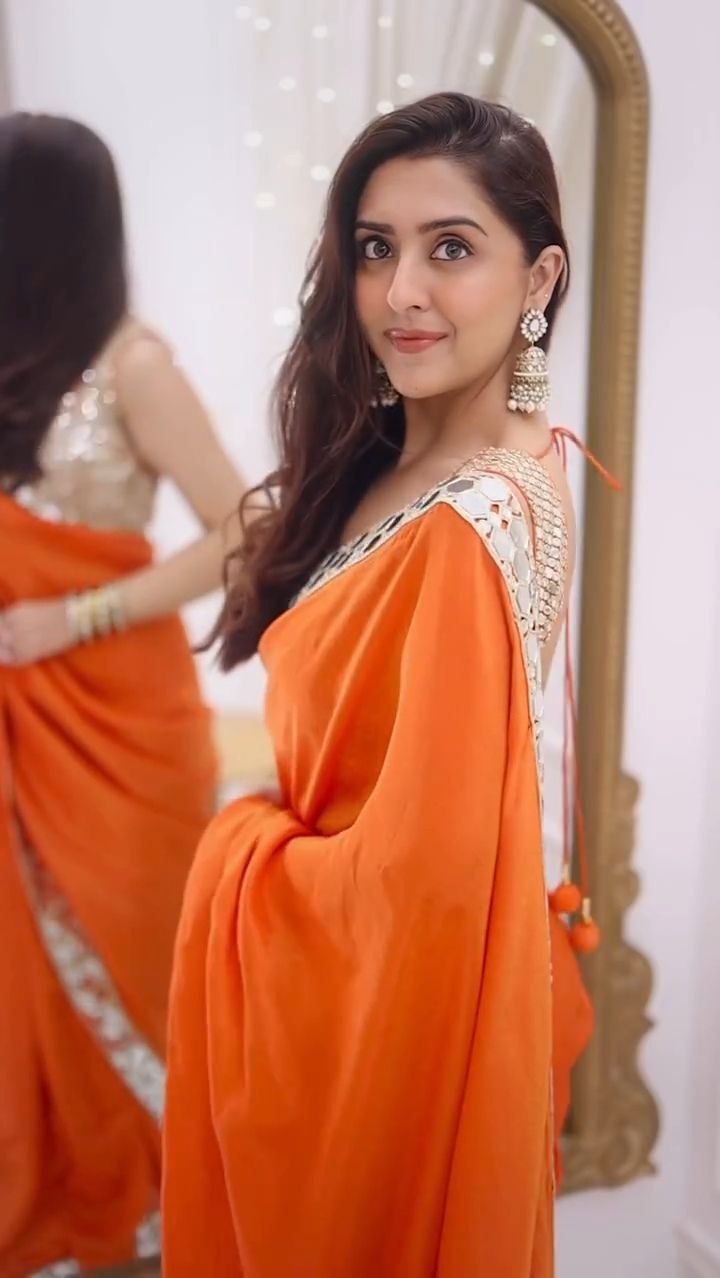 Bright Orange Mirror Work Silk Saree