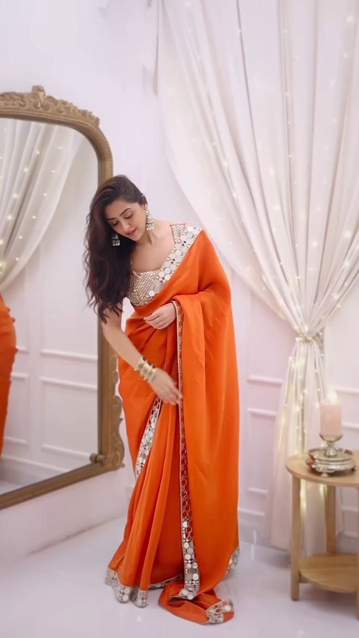 Bright Orange Mirror Work Silk Saree