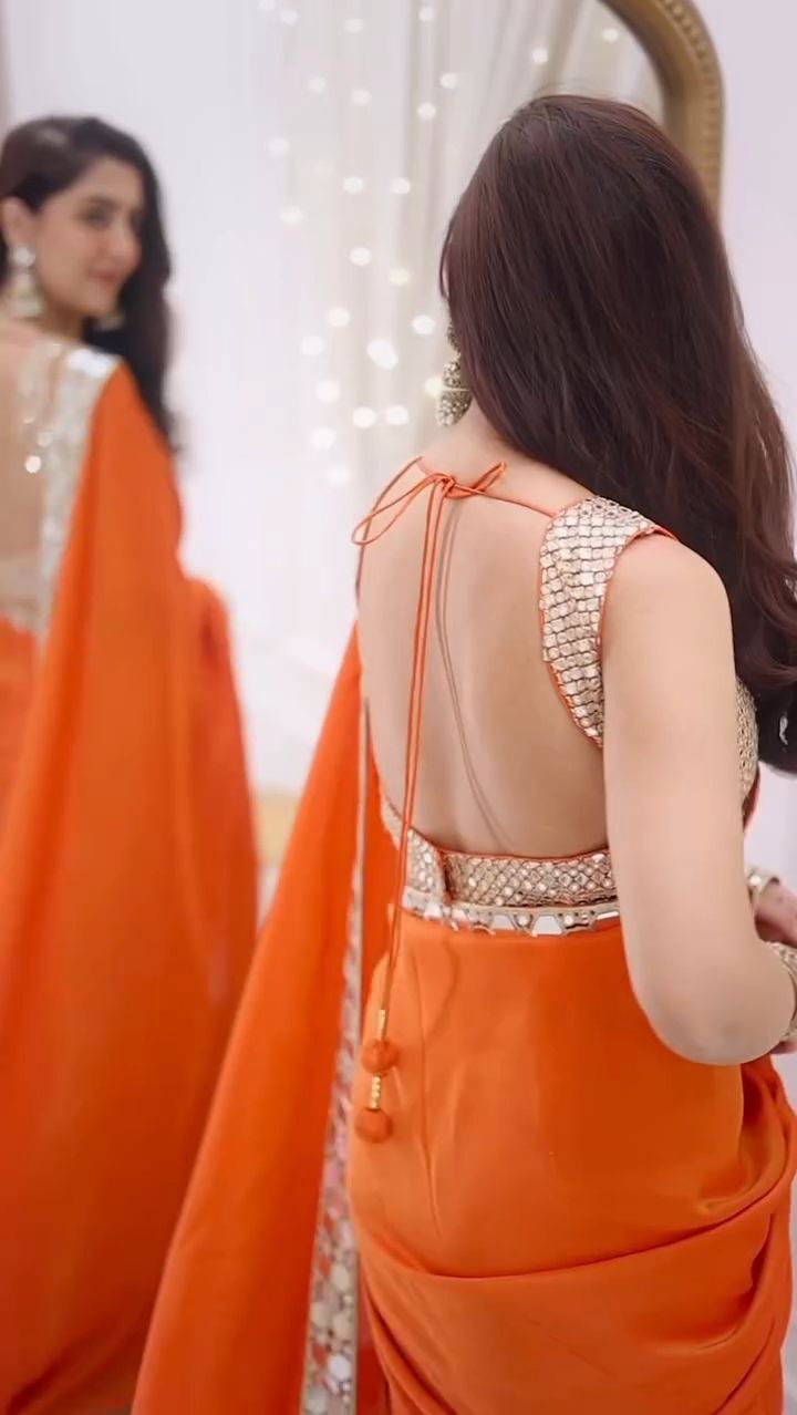 Bright Orange Mirror Work Silk Saree