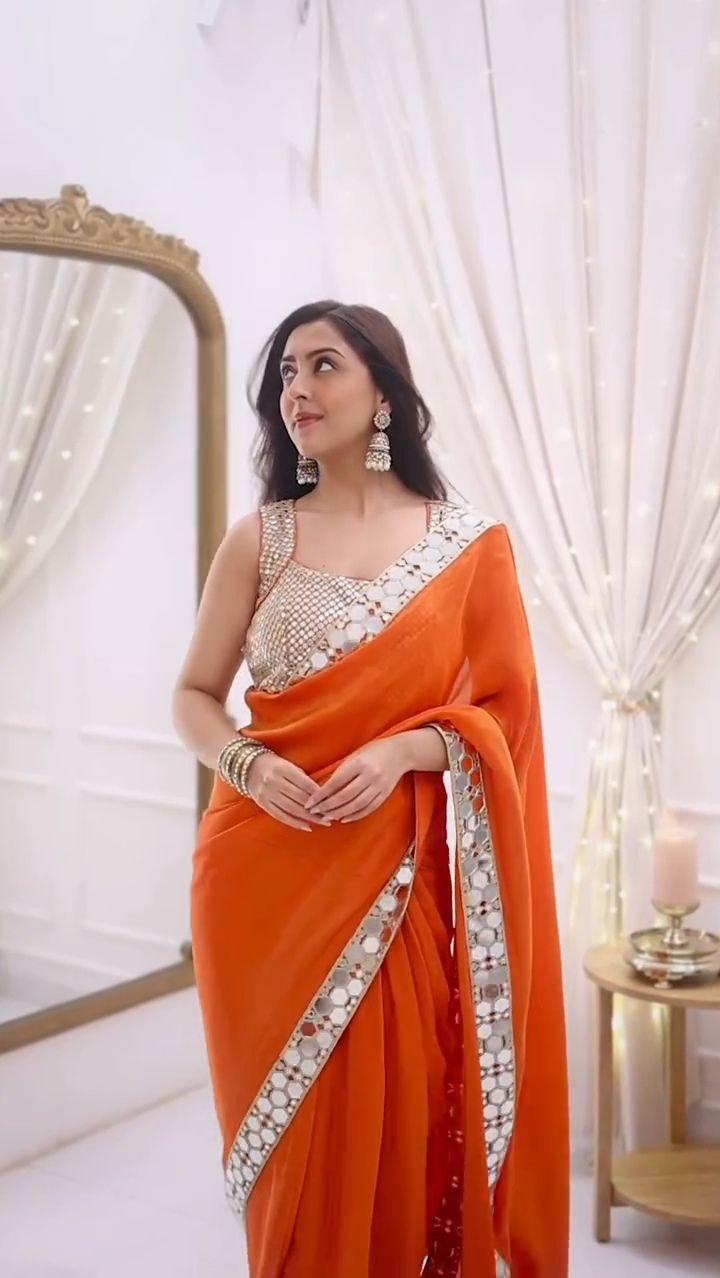 Bright Orange Mirror Work Silk Saree