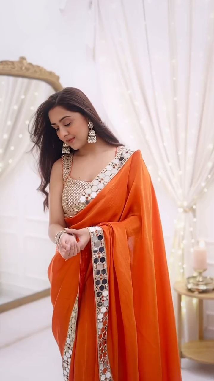 Bright Orange Mirror Work Silk Saree