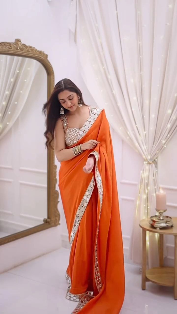 Bright Orange Mirror Work Silk Saree