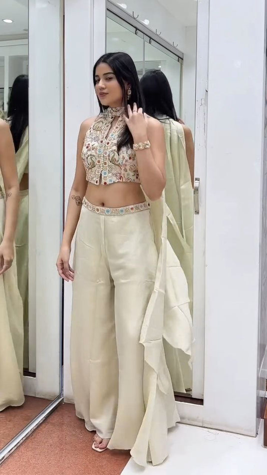Ivory Embroidered Crop Top with Flared Palazzo Set
