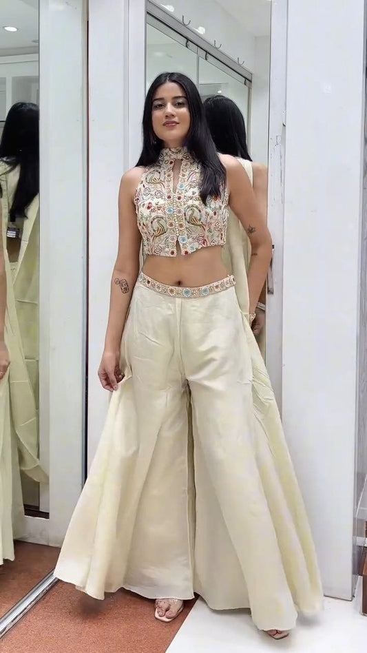 Ivory Embroidered Crop Top with Flared Palazzo Set