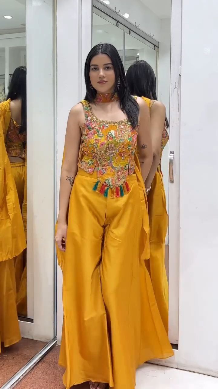 Mustard Yellow Multicolor Embroidered Palazzo Set